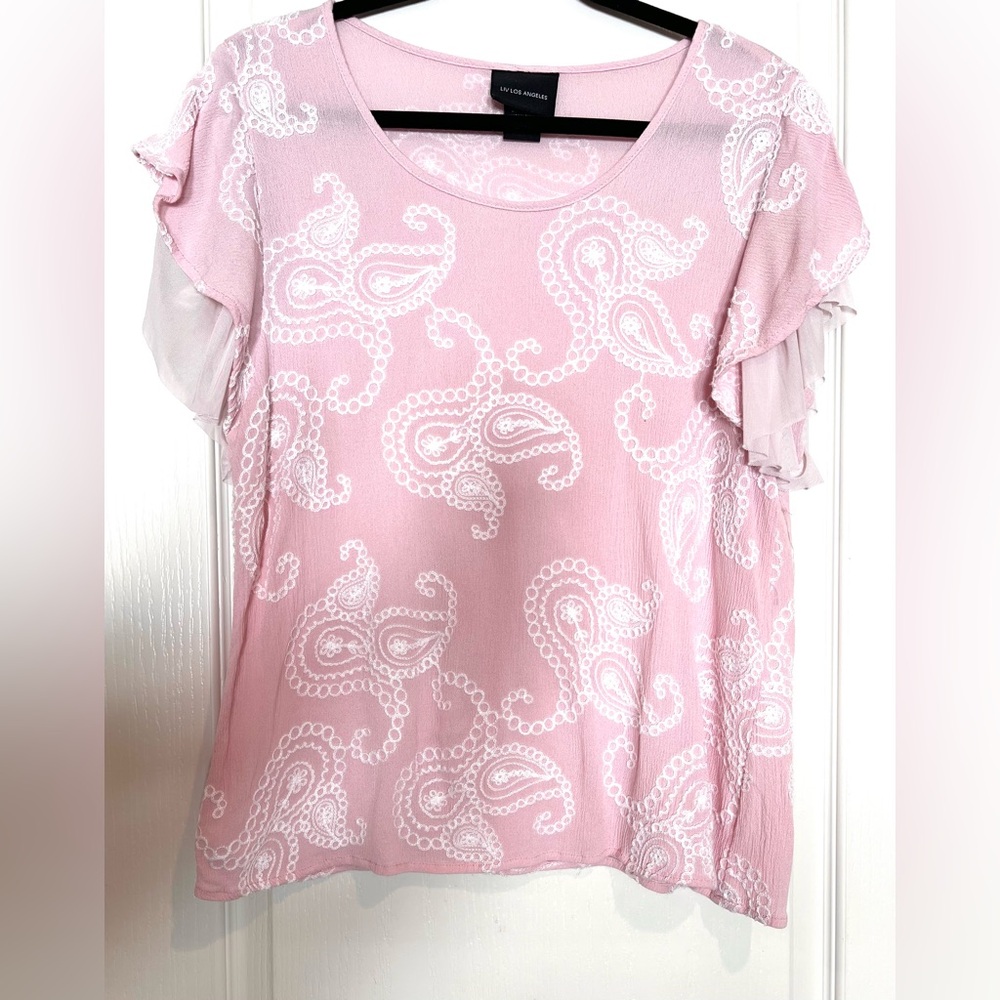 LIV Los Angeles Light Pink Blouse with White Paisley and Ruffle Details Rayon L